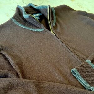 Banana Republic Men's Dark Brown Zip-Up Sweater with Light Gray Trim